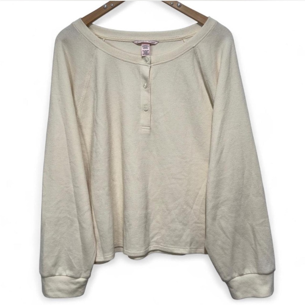 Victoria’s Secret Raglan Waffle Knit Henley Long Sleeve Top, Cozy Loungewear PJs - Picture 2 of 9